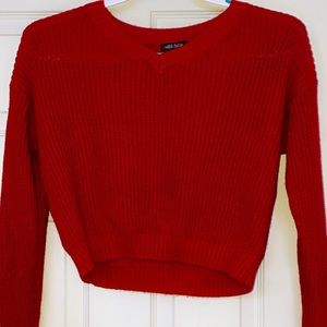 Crochet, V-Neck, Cropped, True Red